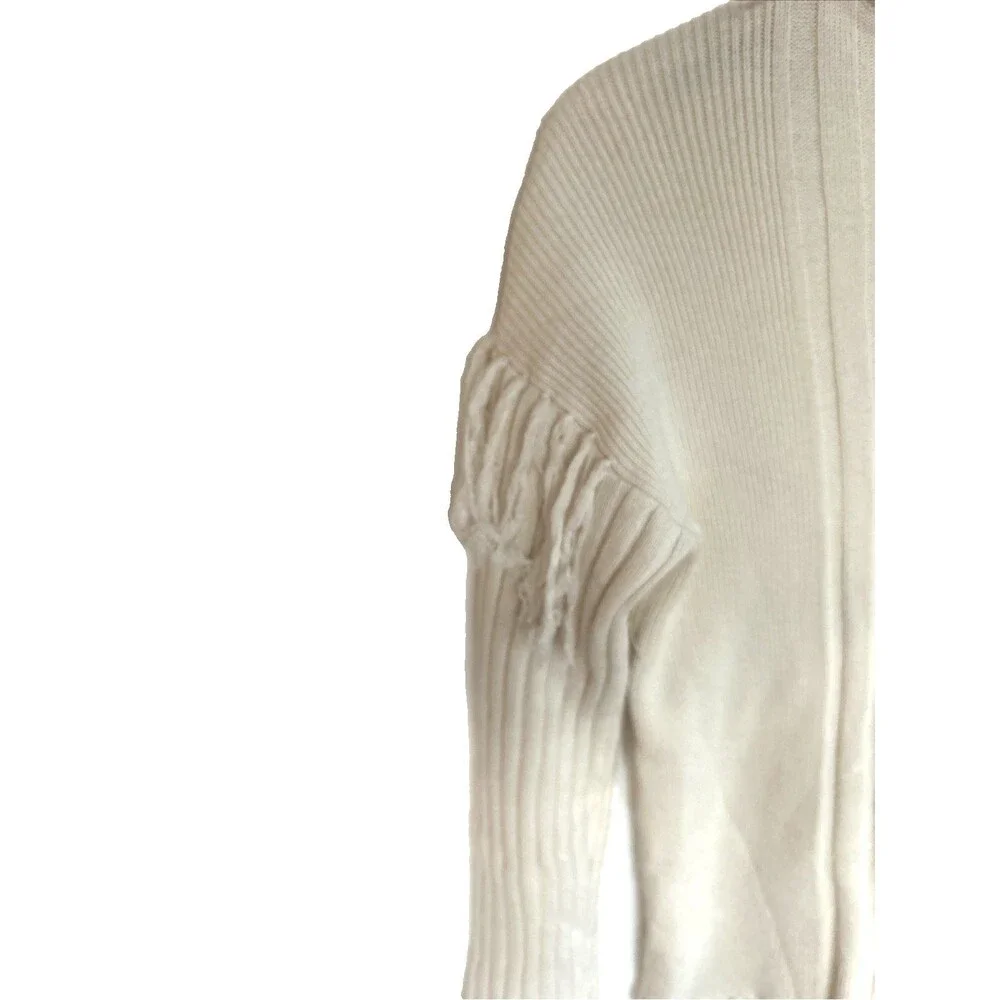 Xu Zhi x Fabrique Ivory Ribbed Knit Asymmetric Fringe Crewneck Wool Sweater Sz S